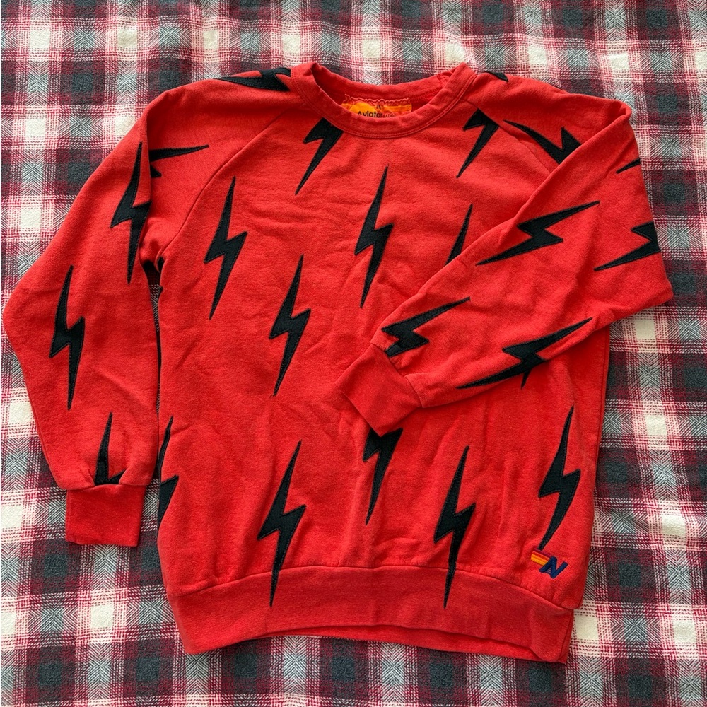 Aviator Nation Red Stitched Lightning Bolt Crewneck Sweatshirt Size M EUC